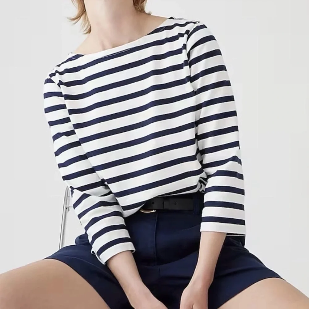 J. Crew Navy White Striped Boatneck Top Size S Classic Preppy Cotton
